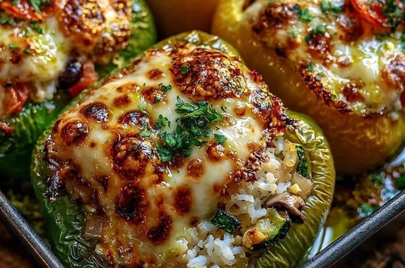 Delicious vegetarian stuffed bell peppers filled with rice and vegetables.