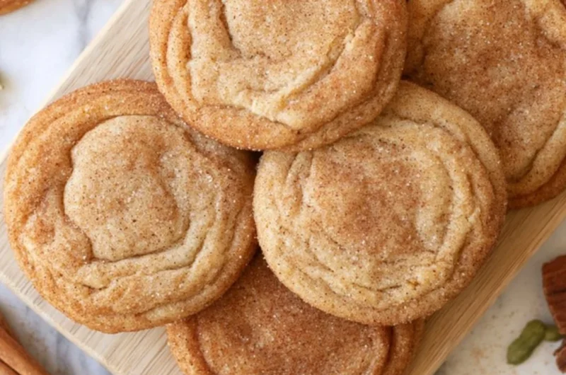 Cozy chai snickerdoodles cookies arranged on a plate with a cup of chai tea.