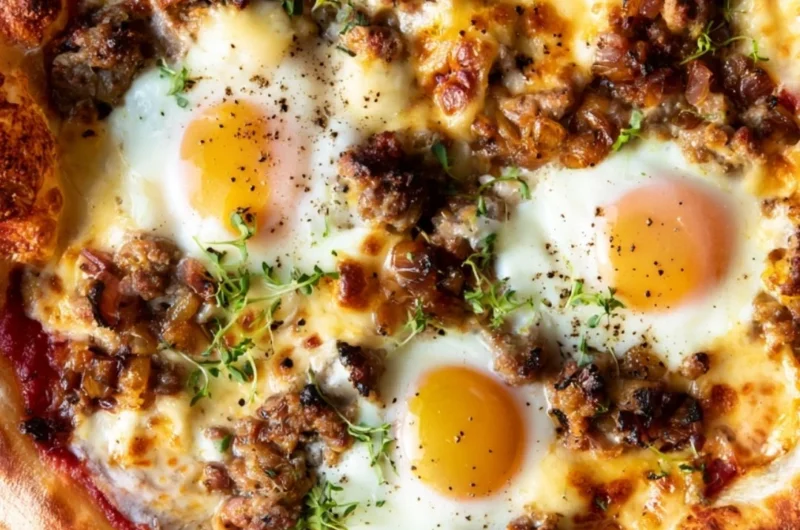 A delicious sausage breakfast pizza topped with eggs and cheese for a perfect morning meal