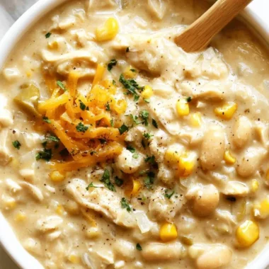 Bowl of cozy white chicken chili topped with fresh herbs and cheese