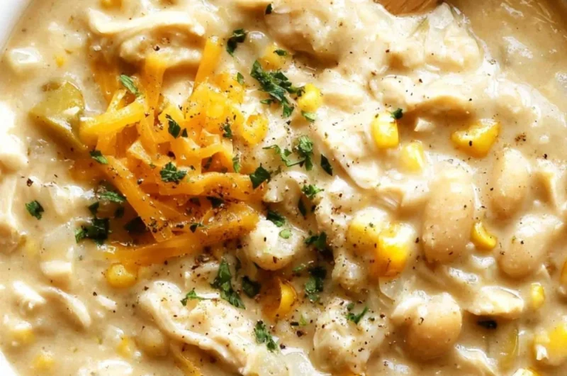 Bowl of cozy white chicken chili topped with fresh herbs and cheese