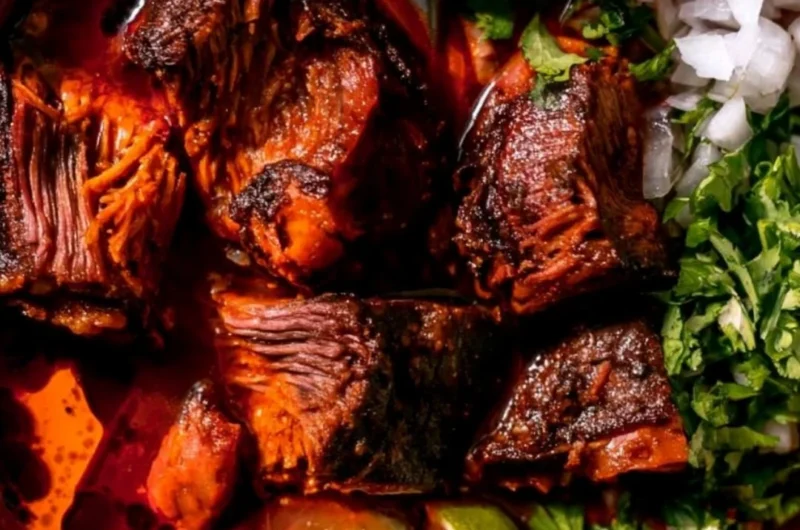 Delicious plate of Authentic Mexican Birria with traditional spices and toppings