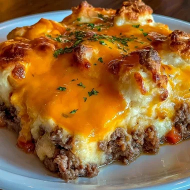 Delicious Cheddar Bay Hamburger Casserole served in a baking dish