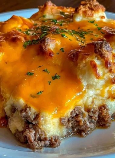 Delicious Cheddar Bay Hamburger Casserole served in a baking dish