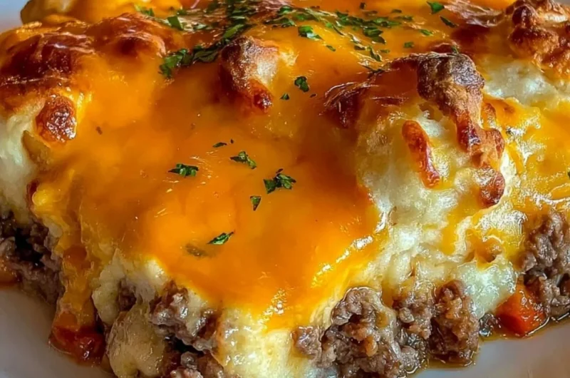 Delicious Cheddar Bay Hamburger Casserole served in a baking dish