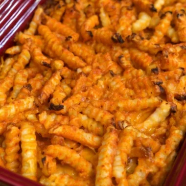 Cheeseburger Casserole with French fries on a baked dish
