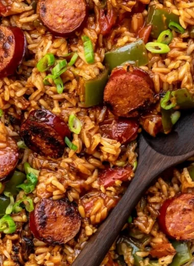 Cozy Cajun Sausage and Rice dish served in a bowl with vibrant vegetables