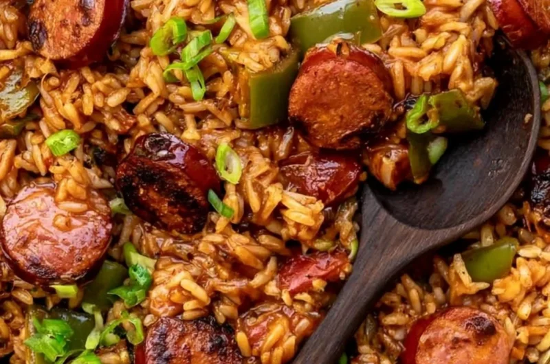 Cozy Cajun Sausage and Rice dish served in a bowl with vibrant vegetables