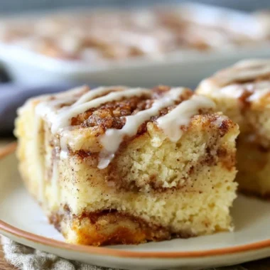 Cozy cinnamon roll cake fresh out of the oven, topped with creamy frosting.