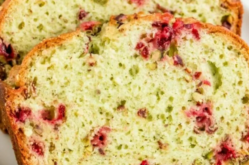 Cozy Cranberry Pistachio Bread fresh out of the oven, topped with cranberries and pistachios.