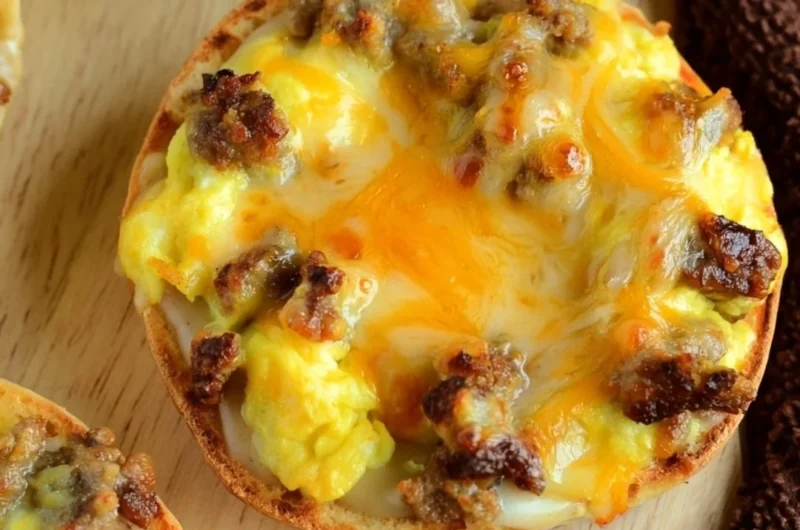 Cozy English muffin breakfast pizza topped with cheese and toppings