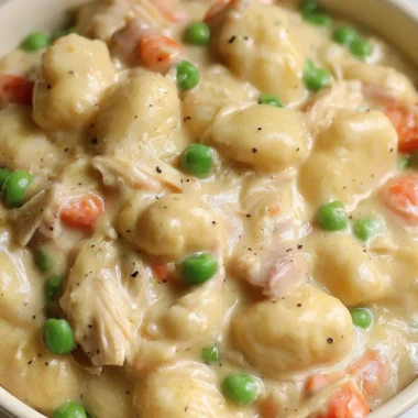 Cozy Gnocchi Chicken Pot Pie with golden crust and creamy filling