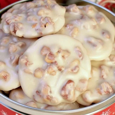 Cozy vanilla pecan pralines with nuts and caramel drizzle on a rustic plate