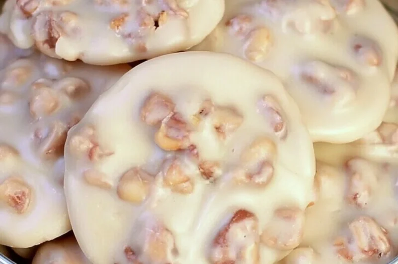 Cozy vanilla pecan pralines with nuts and caramel drizzle on a rustic plate