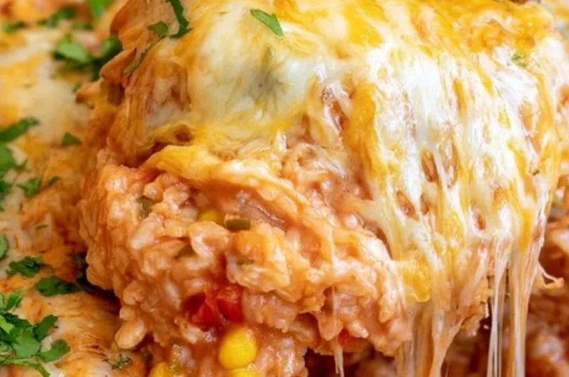 Delicious cheesy enchilada rice in a bowl, garnished with fresh herbs.