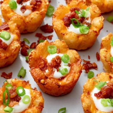 Loaded Tater Tot Cups topped with cheese and toppings for a tasty appetizer.