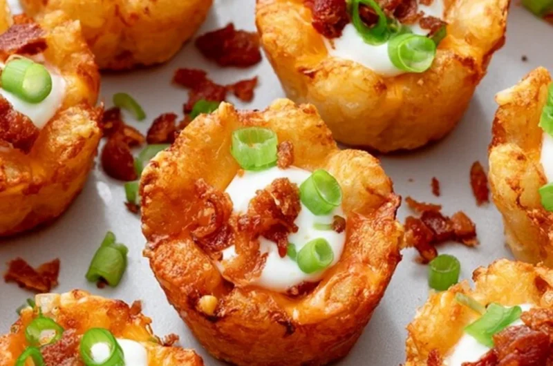 Loaded Tater Tot Cups topped with cheese and toppings for a tasty appetizer.