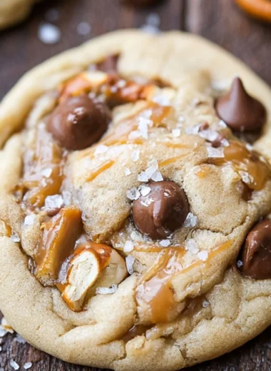 Salted caramel pretzel chocolate chip cookies freshly baked