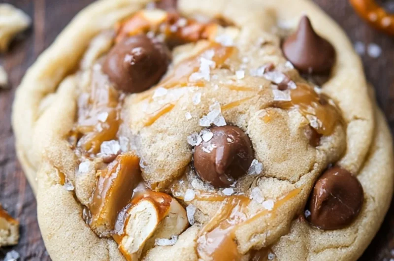 Salted caramel pretzel chocolate chip cookies freshly baked