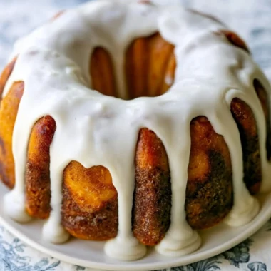 Homemade cinnamon roll bundt cake topped with icing