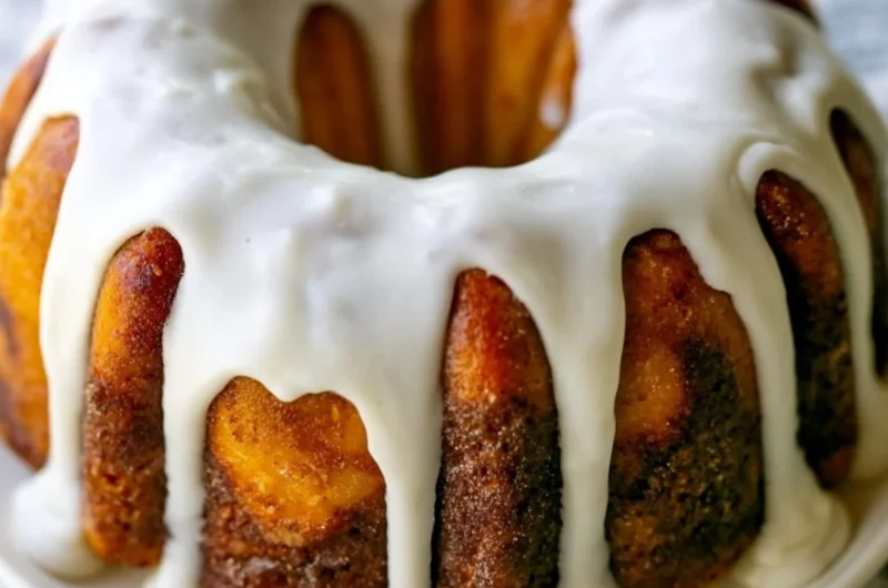 Homemade cinnamon roll bundt cake topped with icing