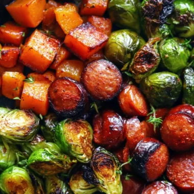 Cozy sausage skillet with butternut squash and Brussels sprouts dish on a wooden table
