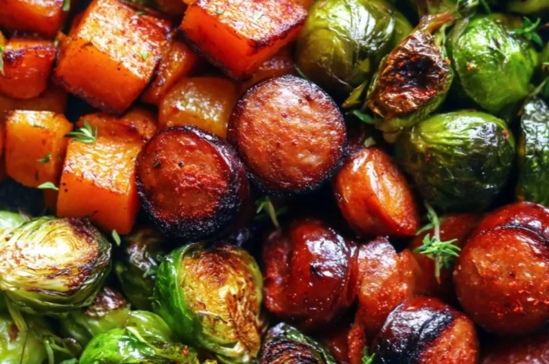 Cozy sausage skillet with butternut squash and Brussels sprouts dish on a wooden table
