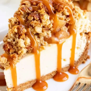 Delicious Apple Crisp Cheesecake topped with spiced apple topping