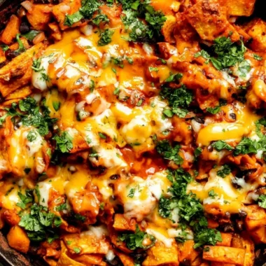 Butternut Squash & Black Bean Enchilada Skillet piled high in a cast-iron pan