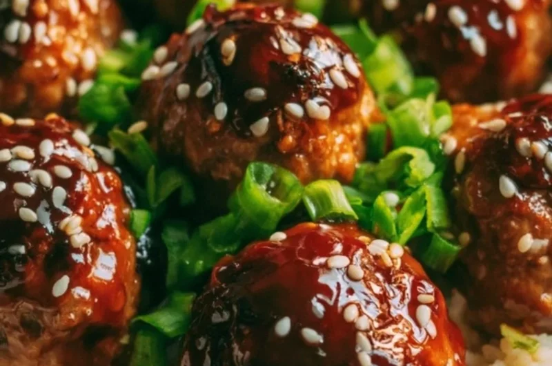 Delicious Cozy Asian Meatballs served with noodles and dipping sauce