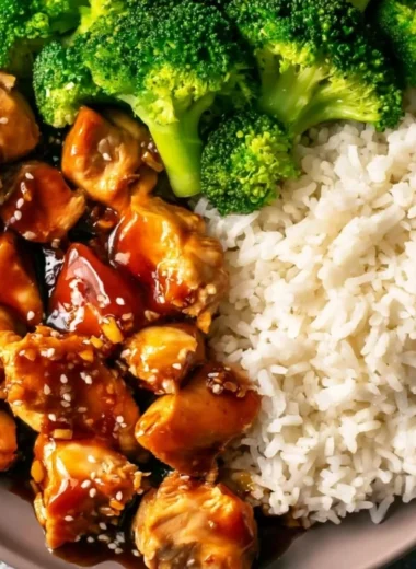 Cozy Asian-style teriyaki chicken served with rice and vegetables