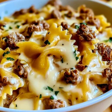 Cozy beef and bowtie pasta served with rich Alfredo sauce