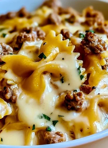 Cozy beef and bowtie pasta served with rich Alfredo sauce