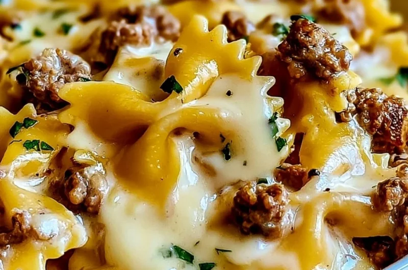 Cozy beef and bowtie pasta served with rich Alfredo sauce