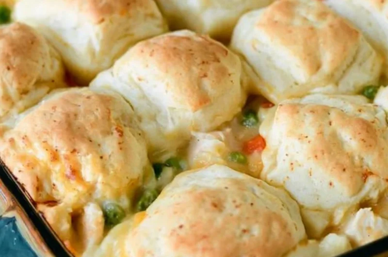 Cozy chicken pot pie topped with golden biscuits in a rustic dish.