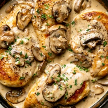 Delicious creamy white wine chicken dish served on a plate