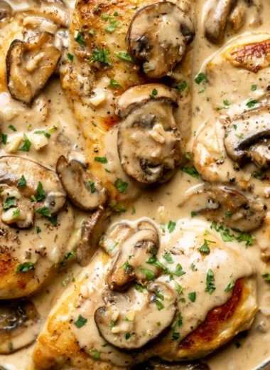 Delicious creamy white wine chicken dish served on a plate