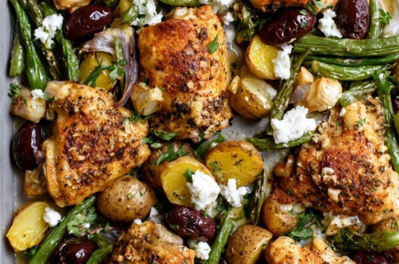 Cozy One-Pan Mediterranean Chicken dish featuring vibrant vegetables and herbs.