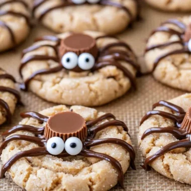 Cozy Peanut Butter Spider Cookies decorated with chocolate and candy eyes