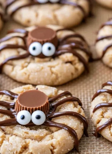 Cozy Peanut Butter Spider Cookies decorated with chocolate and candy eyes