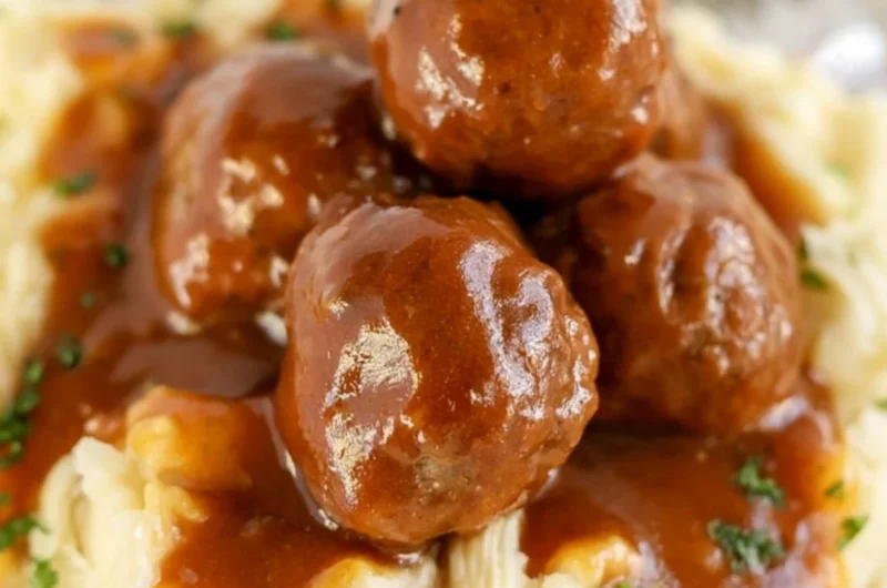 Slow cooker Salisbury steak meatballs served with mashed potatoes and gravy