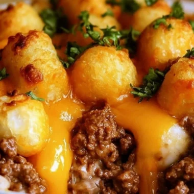 Delicious Tater Tot Casserole topped with golden crispy tots and melted cheese.