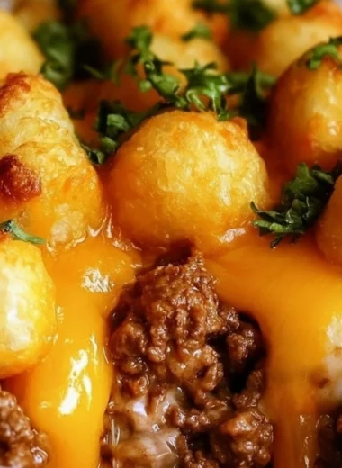 Delicious Tater Tot Casserole topped with golden crispy tots and melted cheese.