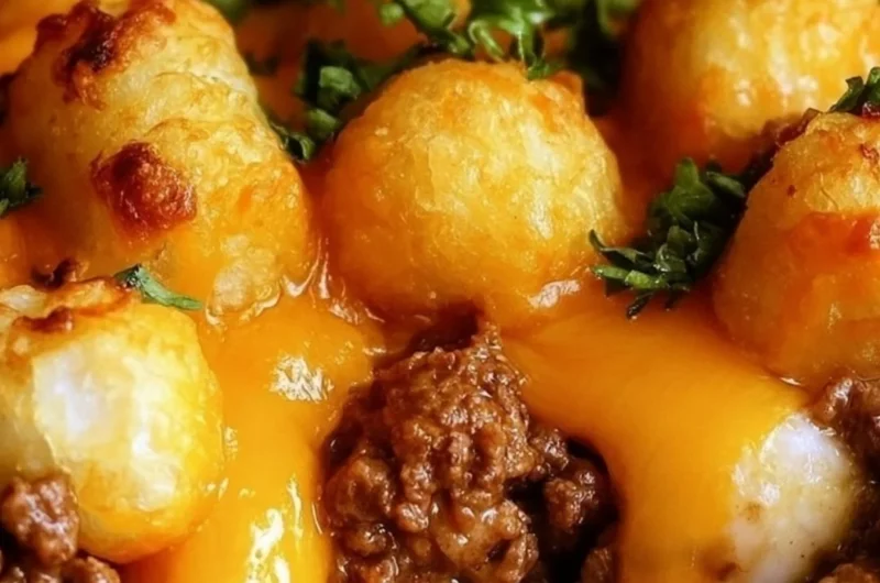Delicious Tater Tot Casserole topped with golden crispy tots and melted cheese.