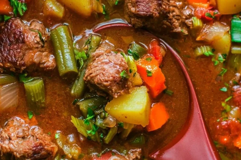 A bowl of cozy vegetable beef soup featuring vegetables and beef in a savory broth.