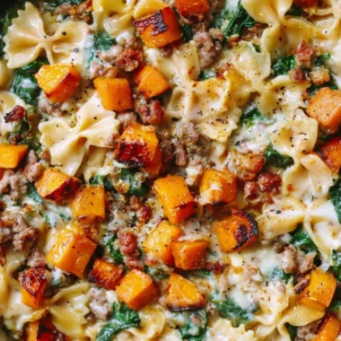 Creamy butternut squash pasta with sausage and spinach in a bowl