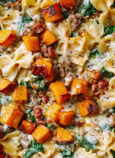 Creamy butternut squash pasta with sausage and spinach in a bowl
