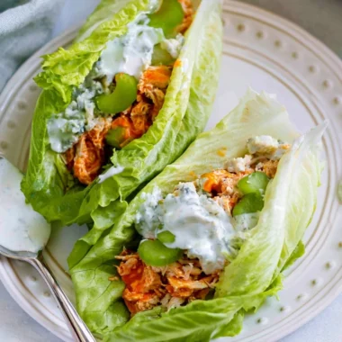 Healthy buffalo chicken lettuce wraps filled with vibrant ingredients.
