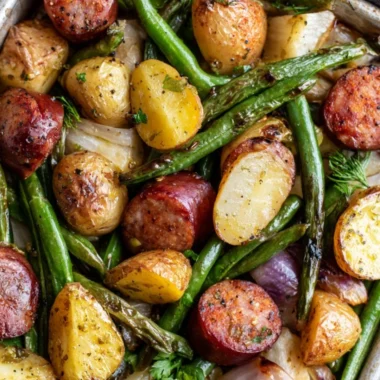 One pan sausage, green beans, and potatoes dish ready to serve.