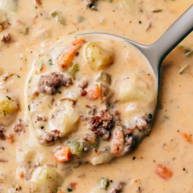 Bowl of hearty sausage potato soup garnished with herbs and spices
